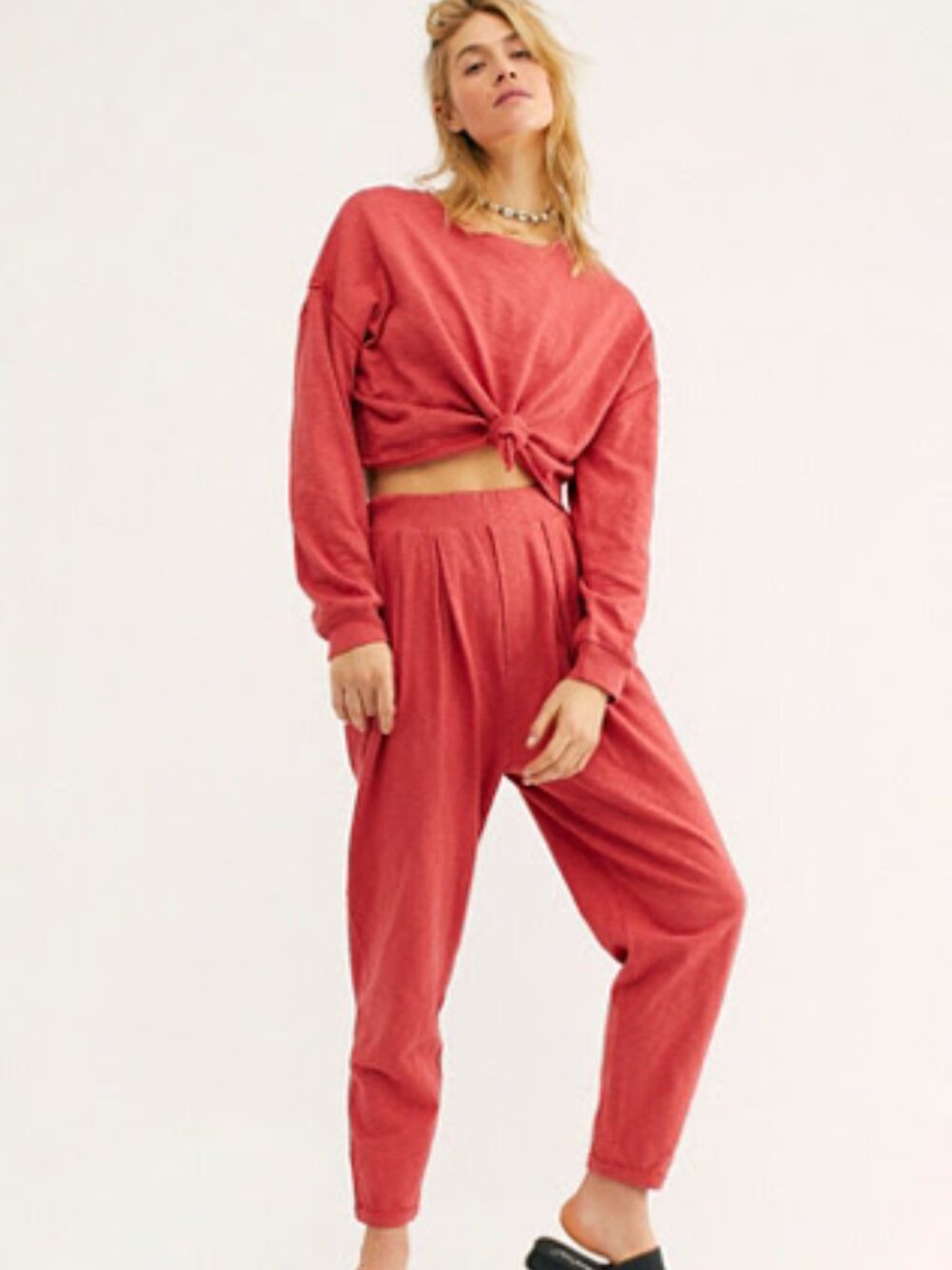 Two-Piece Cotton Free People Culver City Set Shirt & Pants Coral Size Large